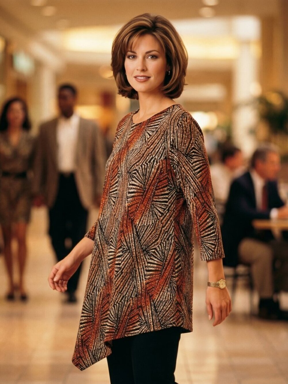 Chicos Womens 0 S Tunic Top Brown Orange Travelers Knit Abstract Asymmetric Boho